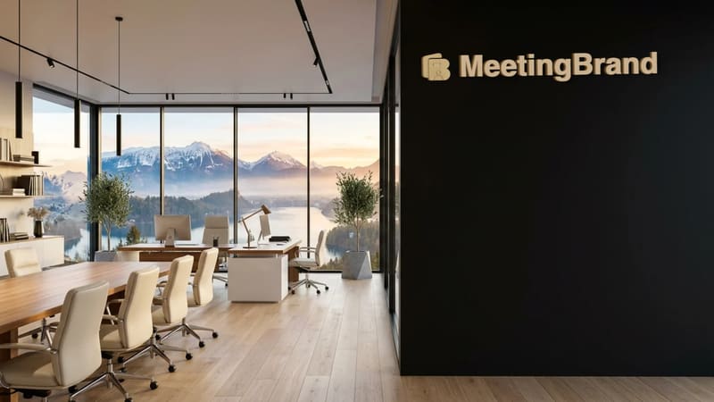 Alpine lake executive office — a virtual background room with a company sign on the wall (shown with the MeetingBrand logo)