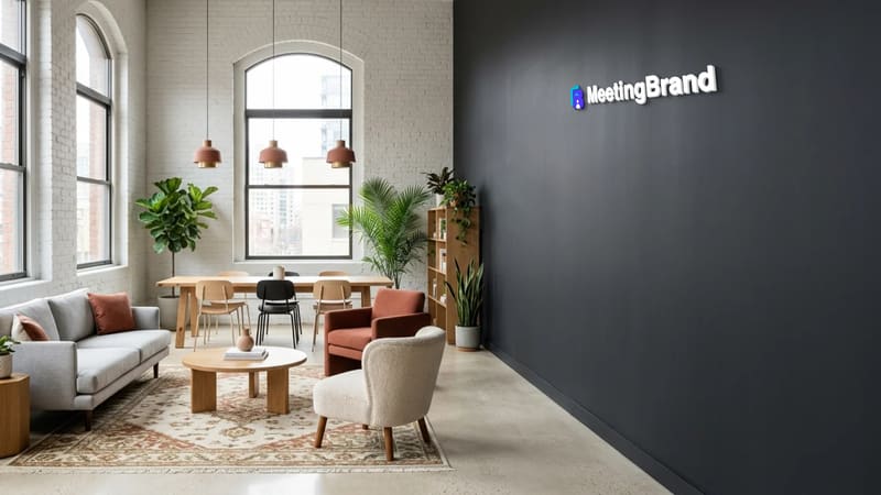 Arched-window loft lounge — a virtual background room with a company sign on the wall (shown with the MeetingBrand logo)