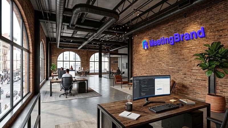 Brick creative loft — a virtual background room with a company sign on the wall (shown with the MeetingBrand logo)