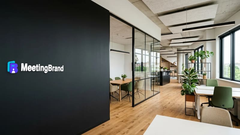Charcoal wall oak office — a virtual background room with a company sign on the wall (shown with the MeetingBrand logo)