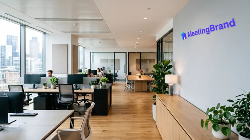 City open space — a virtual background room with a company sign on the wall (shown with the MeetingBrand logo)