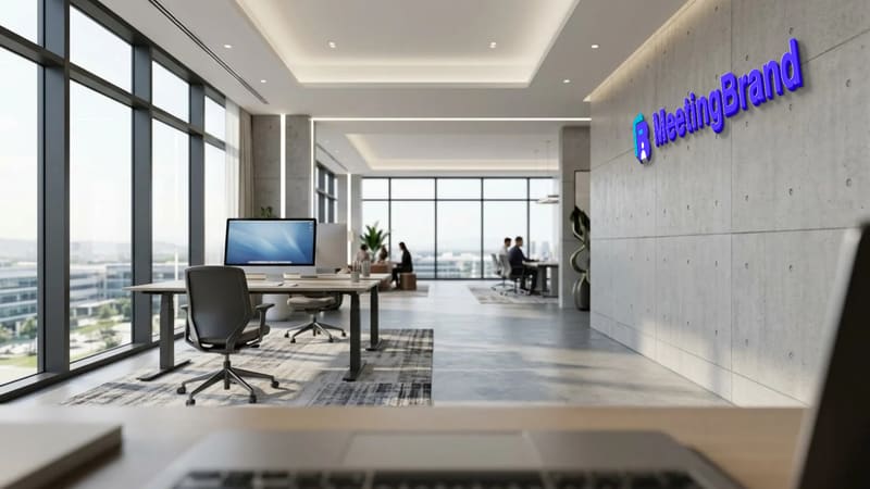 Concrete open office — a virtual background room with a company sign on the wall (shown with the MeetingBrand logo)
