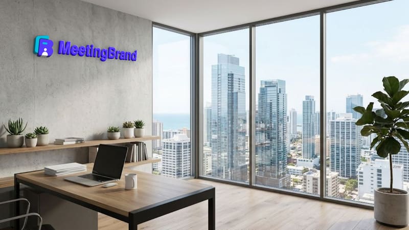 Concrete corner loft — a virtual background room with a company sign on the wall (shown with the MeetingBrand logo)