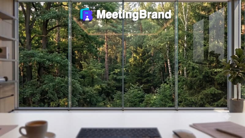 Forest window — a virtual background room with a company sign on the wall (shown with the MeetingBrand logo)