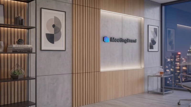 Concrete gallery night — a virtual background room with a company sign on the wall (shown with the MeetingBrand logo)