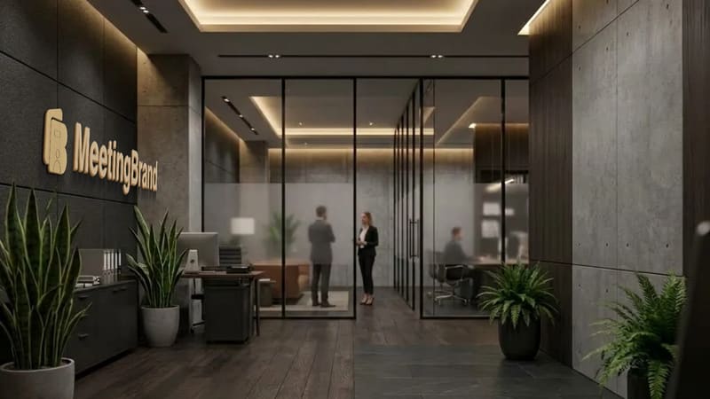 Glass office corridor — a virtual background room with a company sign on the wall (shown with the MeetingBrand logo)