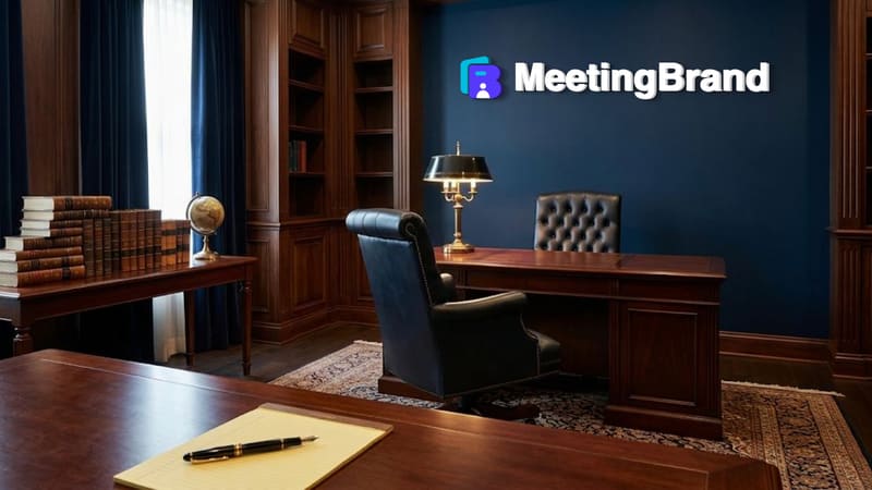 Navy executive study — a virtual background room with a company sign on the wall (shown with the MeetingBrand logo)