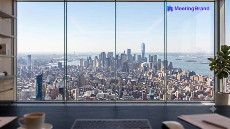 Manhattan skyline window — a virtual background room with a company sign on the wall (shown with the MeetingBrand logo)