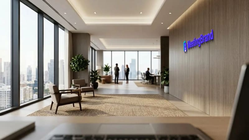 Oak skyline office — a virtual background room with a company sign on the wall (shown with the MeetingBrand logo)