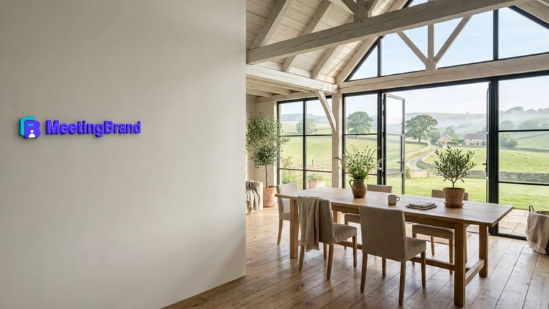 Farmhouse meadow studio — a virtual background room with a company sign on the wall (shown with the MeetingBrand logo)