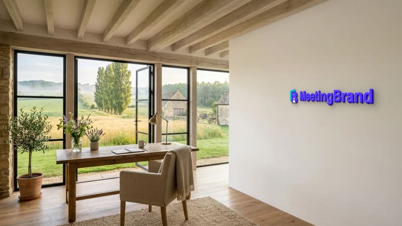 Stone farmhouse study — a virtual background room with a company sign on the wall (shown with the MeetingBrand logo)