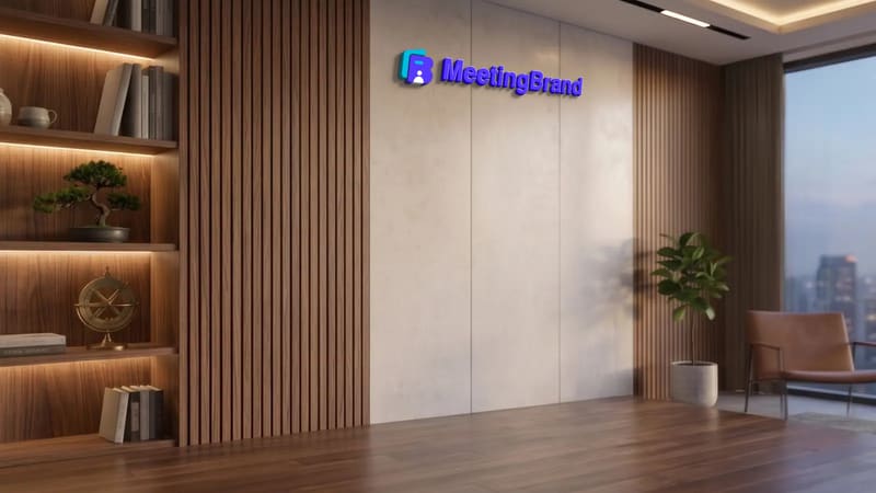 Stone & slats lounge — a virtual background room with a company sign on the wall (shown with the MeetingBrand logo)