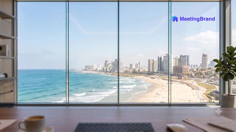 Tel Aviv beach window — a virtual background room with a company sign on the wall (shown with the MeetingBrand logo)