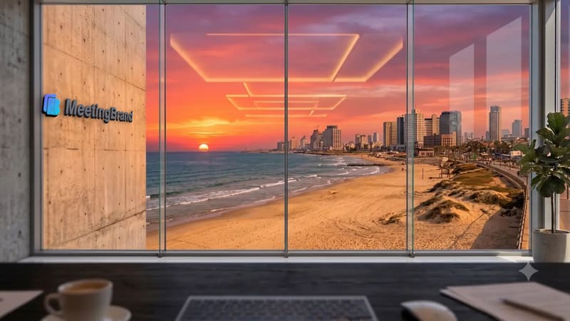 Tel Aviv sunset window — a virtual background room with a company sign on the wall (shown with the MeetingBrand logo)
