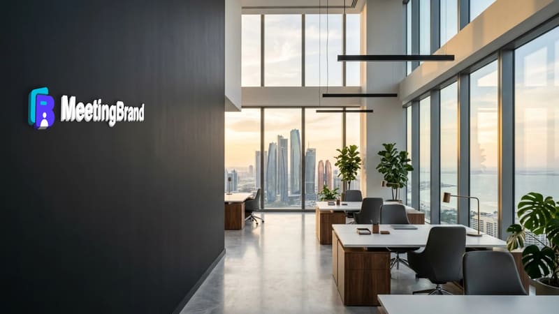 Sunset tower office — a virtual background room with a company sign on the wall (shown with the MeetingBrand logo)