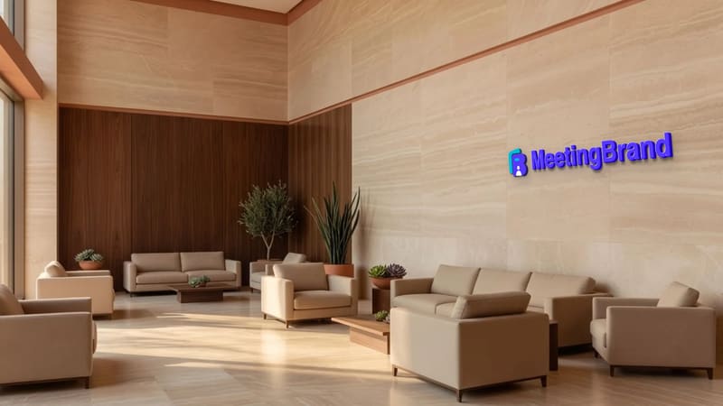 Travertine lounge — a virtual background room with a company sign on the wall (shown with the MeetingBrand logo)