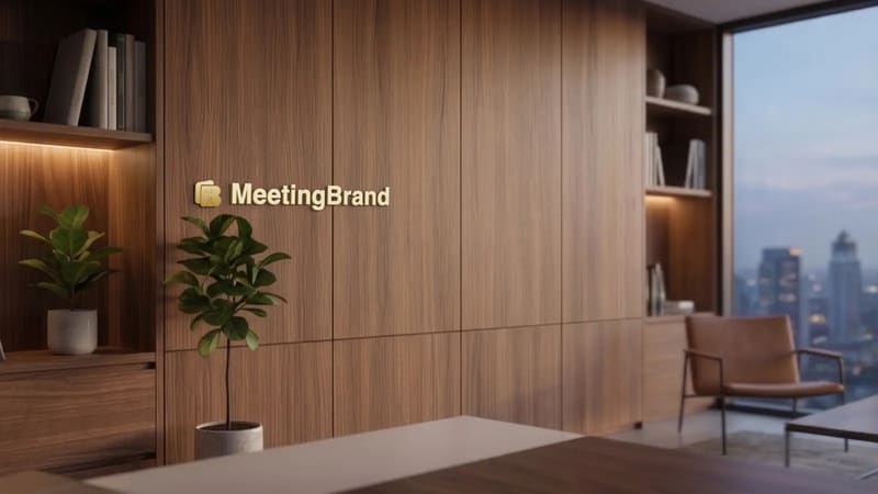 Walnut executive wall — a virtual background room with a company sign on the wall (shown with the MeetingBrand logo)