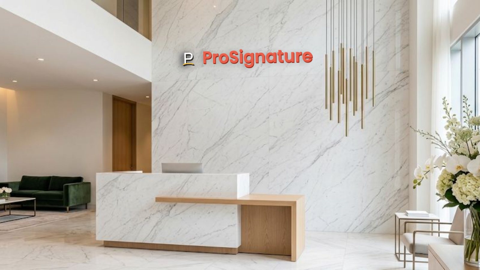 Company sign on a marble reception wall — a MeetingBrand background