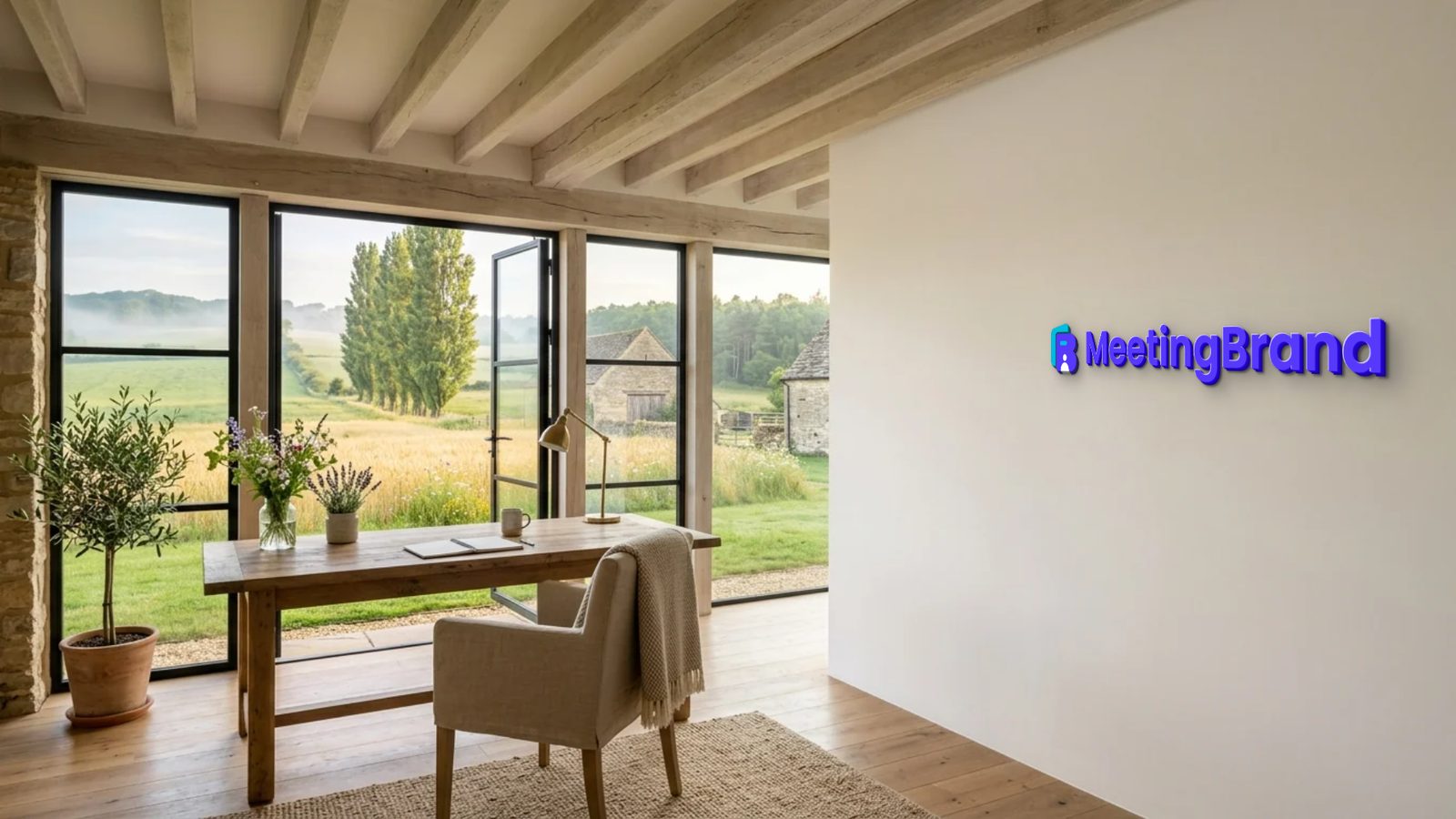 Stone farmhouse study — a branded virtual background with the company logo as a sign, made with MeetingBrand