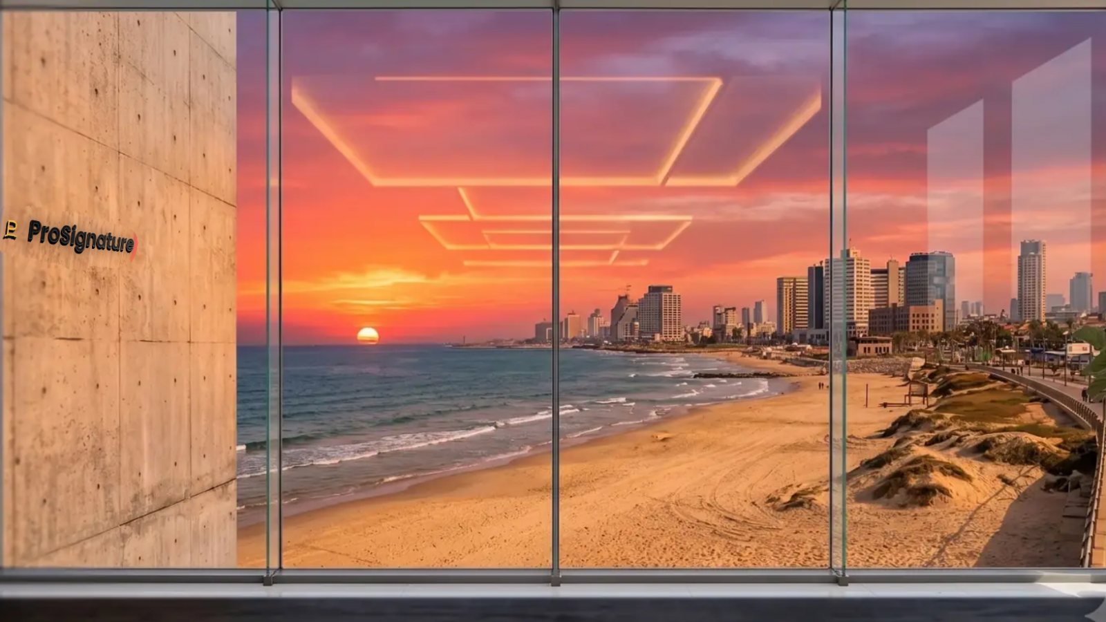 Company sign beside a sunset window over the Tel Aviv beach — a MeetingBrand background